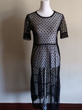 Black Polka Dot Sheer Midi Dress Overlay, S/M , Transparent Mesh Lace, Goth